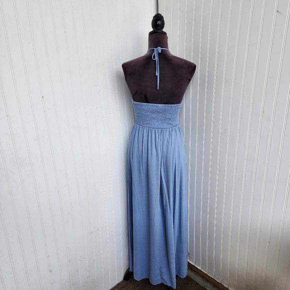 Labiz Blue Tie Neck Halter Linen Blend Maxi Long Dress Women's Cutout Sz S - Picture 7 of 16